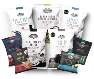 Made For Drink's Ultimate Snack Selection: 150g packs of Malt Vinegar & Sea Salt, Baron Bigod Cheese & Onion, Dorset Sea Salt, The Gentleman's Relish and English Truffle Potato Crisps, 25g pack of Iberian Pork Chicharrones, 30g pack of Chorizo Thins, 30g pack of Biltong and a 40g pack of Chicken Salt Fries.