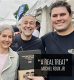 Dan, Founder of Made for Drink with Michel Roux Jr and his wife. Quote from Michel Roux Jr about our snacks: "A real treat"