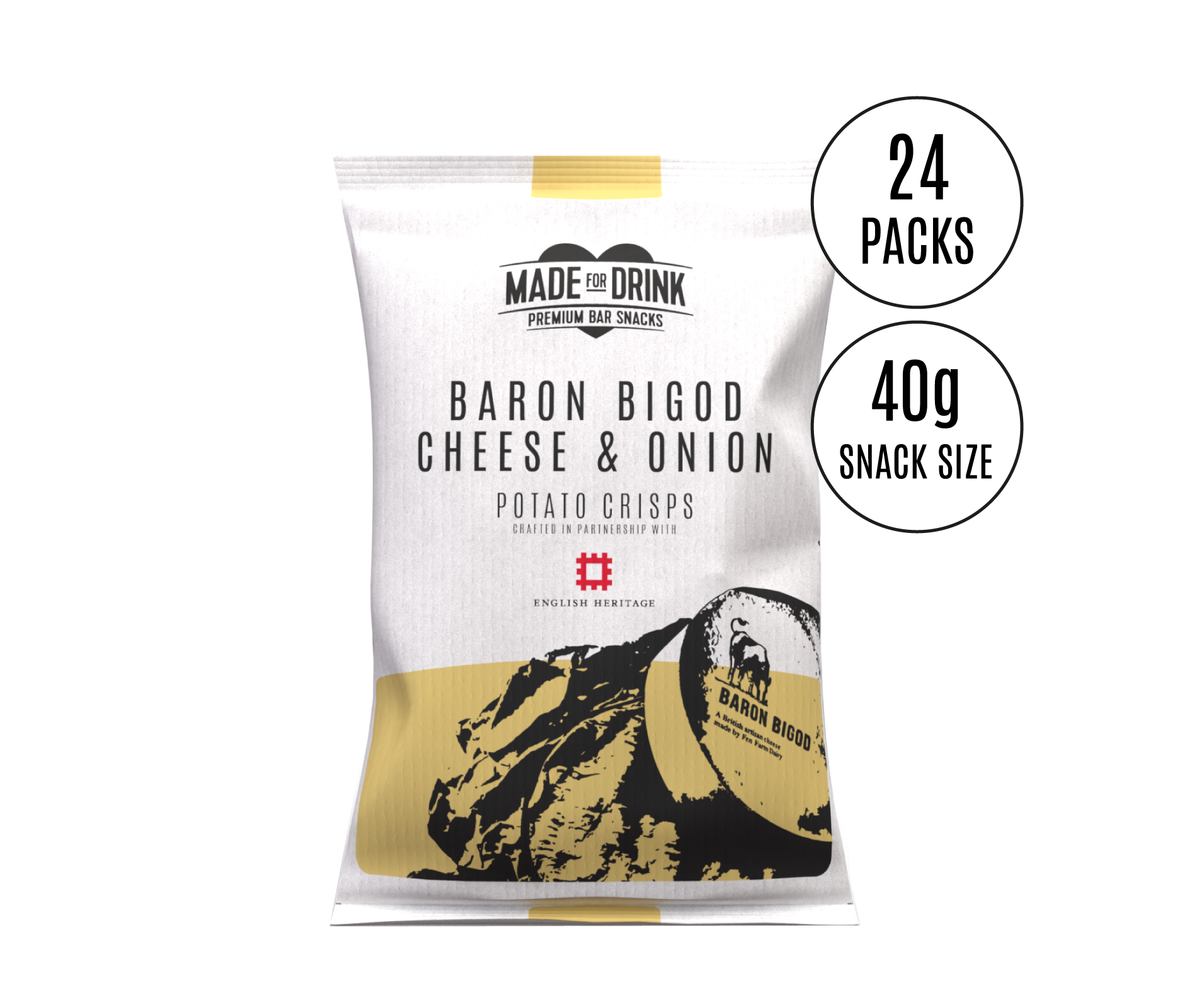 A 40g pack of Made For Drink's Baron Bigod Cheese & Onion Crisps. 24 packs in each box.