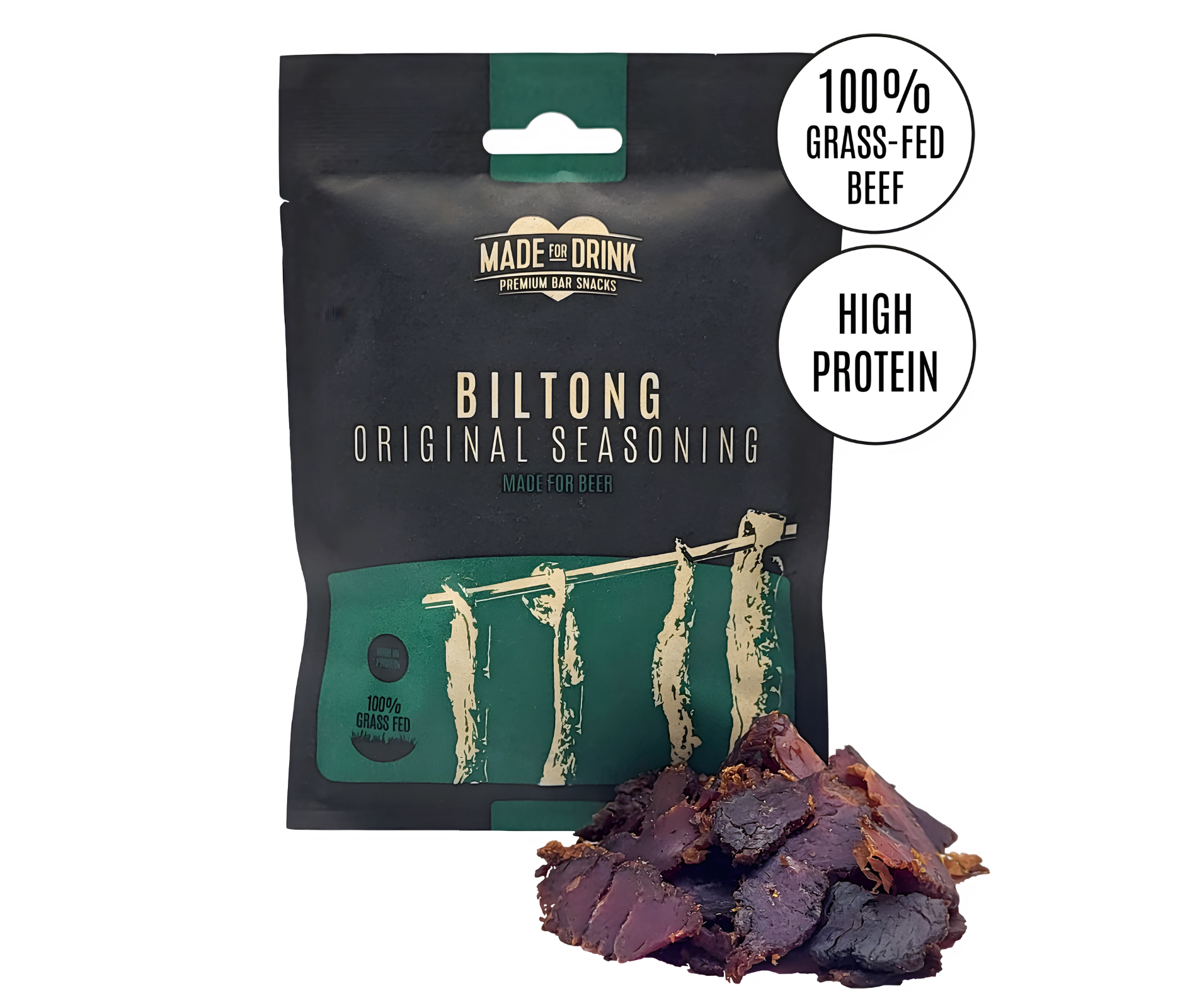 A 30g packet of Made For Drink's 100% grass-fed Irish beef biltong in original seasoning, with some strips of beef dark and rich biltong piled up in front. High in protein.