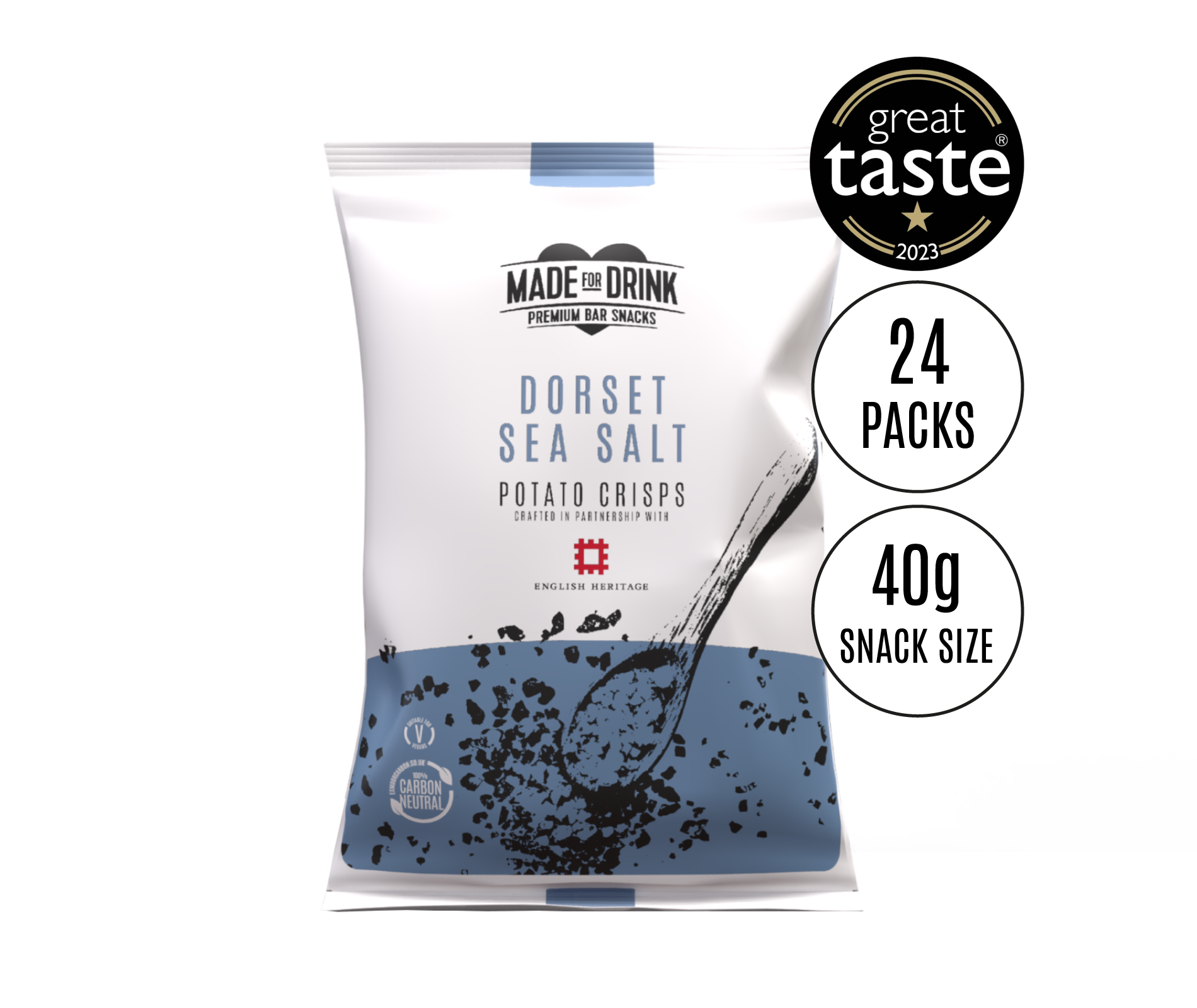 A 40g pack of Made For Drink's Dorset Sea Salt Crisps with the 1 star Great Taste Award 2023 logo.