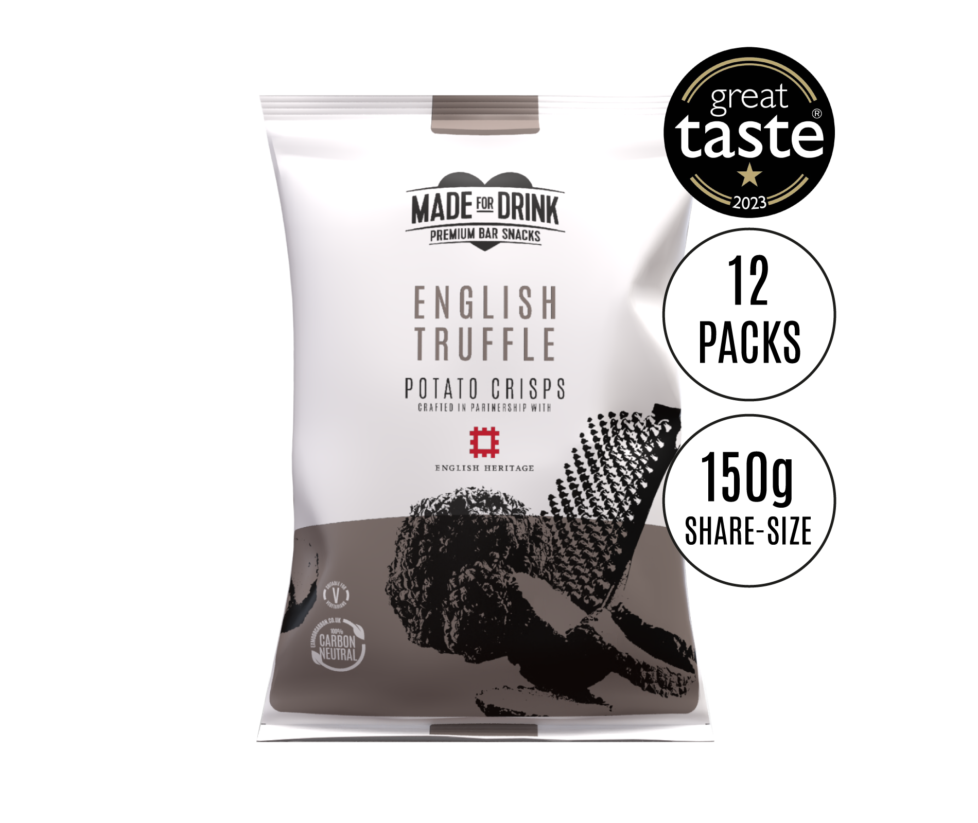 150g pack of Made For Drink's award-winning English Truffle flavoured English Heritage potato crisps. Great Taste Awards 2023 one star logo. 12 packs per case.