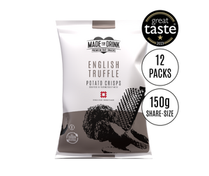 150g pack of Made For Drink's award-winning English Truffle flavoured English Heritage potato crisps. Great Taste Awards 2023 one star logo. 12 packs per case.